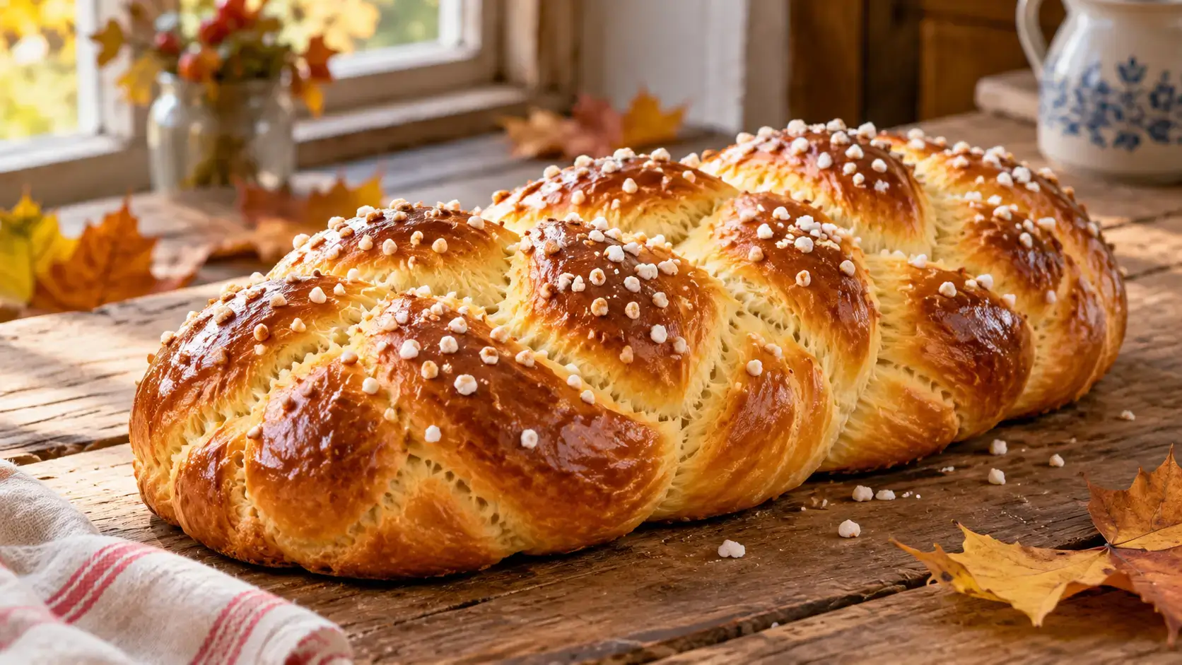 Frisch gebackener Allerheiligenstriezel mit Hagelzucker auf einem Holztisch