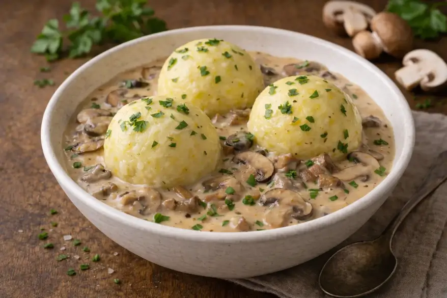 Kartoffelknödel mit cremiger Pilzrahmsoße