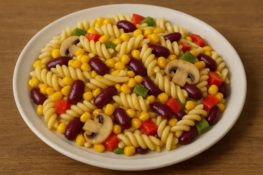 Nudel-Gemüse-Salat mit Mais, Champignons, Paprika & Kidneybohnen
