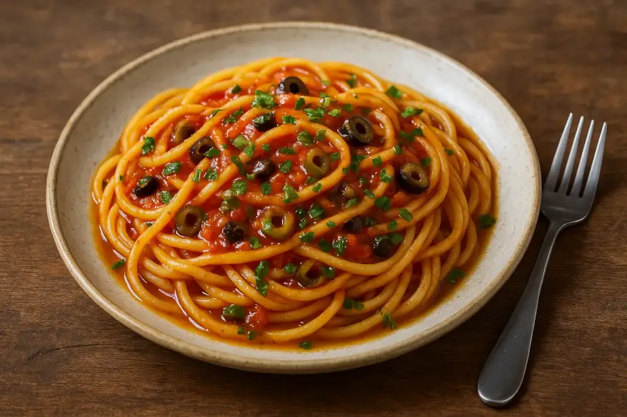 Nudeln mit Oliven-Tomatensauce